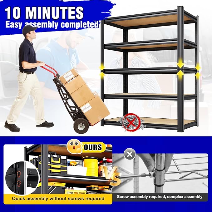 Heavy Duty Garage Storage Shelves 5-Tier Adjustable Metal Rack, 71" x 35" x 16" Utility Steel Shelving Unit, 2050LBS Capacity Organizer for Basement, Shop, Garage, Pantry, Laundry Room, Black