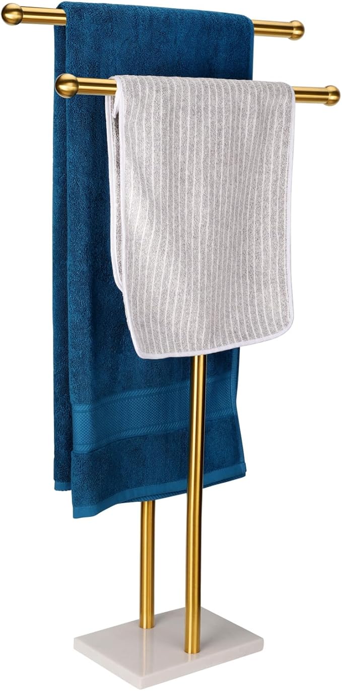 Standing Towel Rack Double-T Shape Tall Bath Towel Sheet Holder with Marble Design Base for Bathroom 2 Tier Towel Holder Stand Stainless Steel (Brushed Gold)