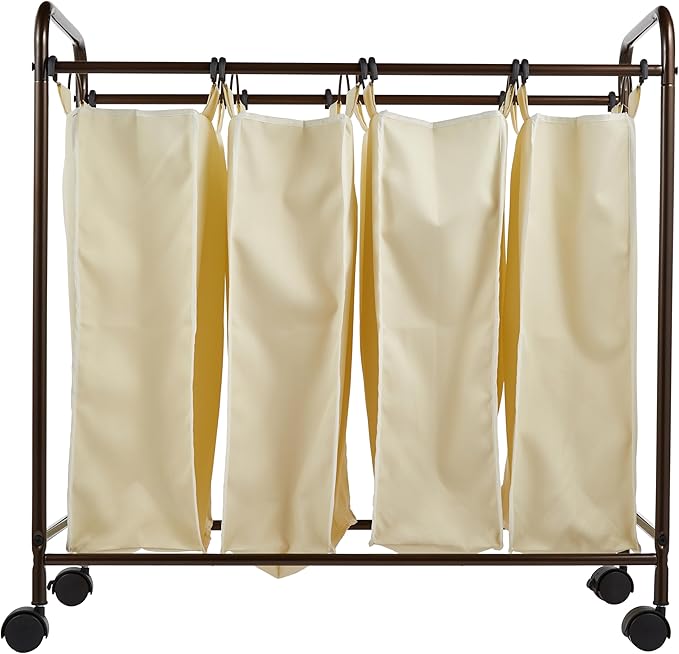 Household Essentials 7173 Rolling Quad Laundry Sorter with Removable Hamper Bags | Antique Bronze Frame