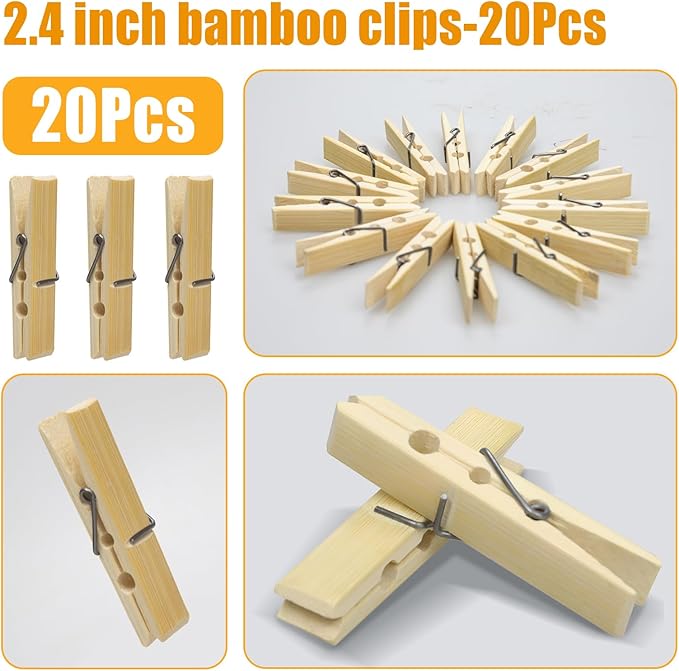 Natural Bamboo Clothespins 20-Pack Wooden Clothes Pins with Spring, 2.4 Inch Heavy Duty Rust Resistant Clips for Laundry, Crafts, Kitchen & Home Organization