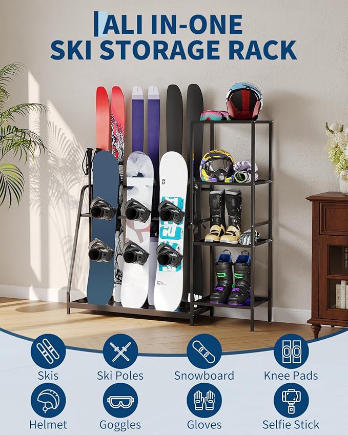 Ski Storage Rack, 48" x 12" x 46", Heavy Duty Freestanding Steel Ski Organizer for 4-Pair Skis, Snowboard, Boots, Poles, Helmet & Goggles, Floor Stand Skis Holder for Garage, Basement & Mudroom
