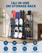Ski Storage Rack, 48" x 12" x 46", Heavy Duty Freestanding Steel Ski Organizer for 4-Pair Skis, Snowboard, Boots, Poles, Helmet & Goggles, Floor Stand Skis Holder for Garage, Basement & Mudroom