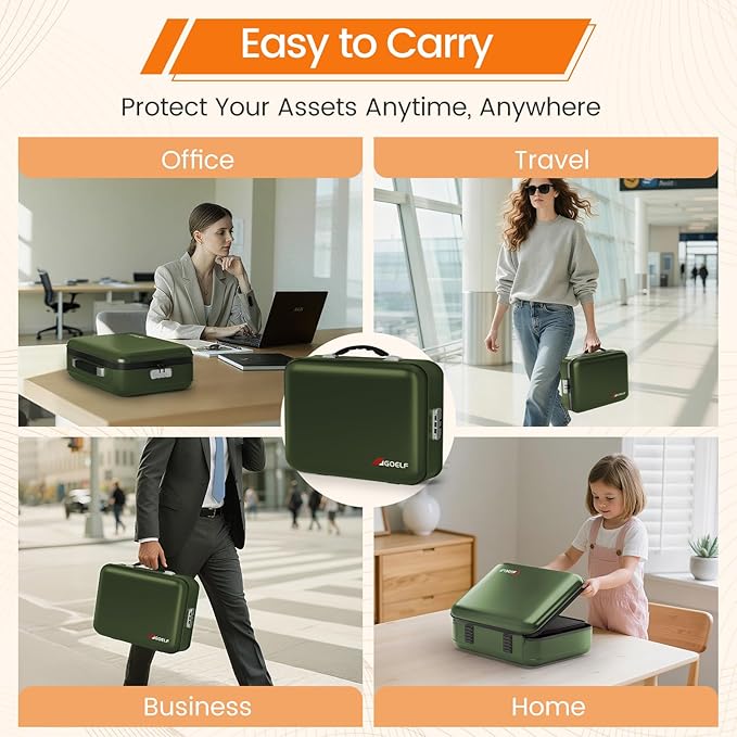 Fireproof Document Box with Lock, 5200°F Fireproof Water Resistant Hard Case File Organizer Safe Box for Important Documents, Certificates, Laptop, Passports (Green)