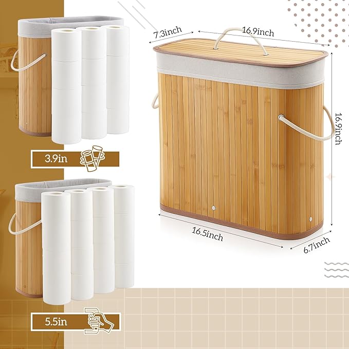 Leinuosen Bamboo Toilet Paper Storage Basket 8 Gallons Toilet Paper Organizer Holder with Lid Waterproof for Kitchen Bathroom Home(Beige,Regular)