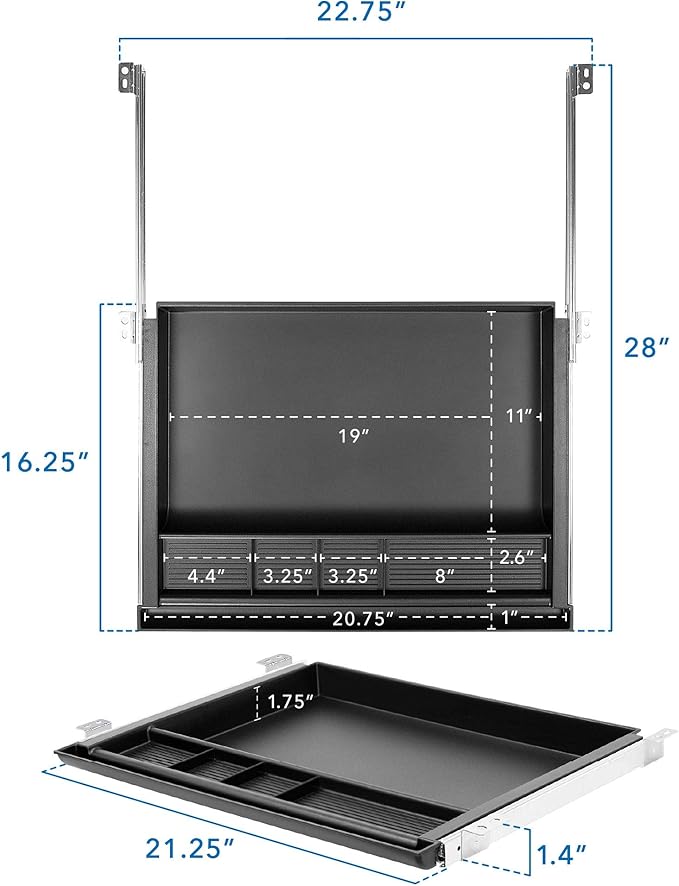 MOUNT-IT! Large Under Desk Pencil Drawer | 21.25” W, Ball Bearing Slide-Out Organizer for Office Supplies, Paper & Pencils | Fits Desks Over 1” Thick, Adjustable Extension 16.25”–28”