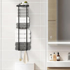 Towel Racks for Bathroom, 36.6 inch Metal Towel Storage, 8 Large Bath Towels Capacity, 3-Tier Towel Holder for Bathroom, with Shelf & 6 Hooks, Wall Mounted Towel Rack for Rolled Towels, Black