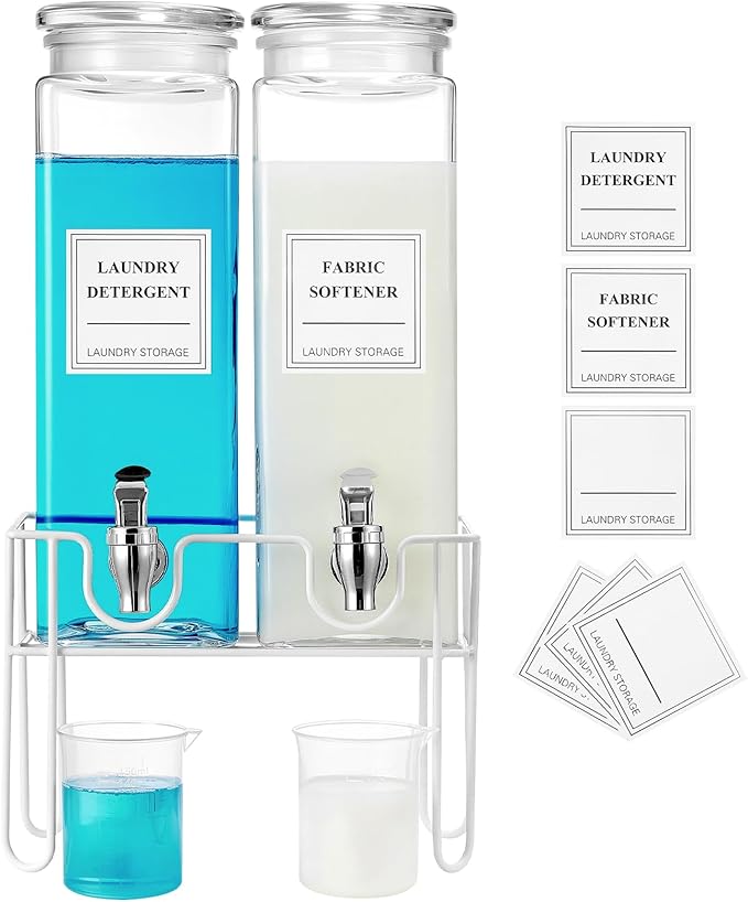 2 Pack Glass Laundry Detergent Dispenser with Stand, Laundry Soap & Fabric Softener Dispenser for Laundry Room Organization and Storage, 76oz Laundry Liquid Containers with Labels, Measuring Cups