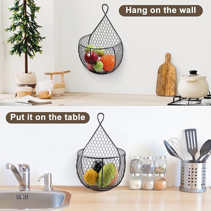 ERYTLLY Metal Fruit And Vegetable Storage Hanging Basket Wall Mounted, For Kitchen Black Wire Baskets for Flowers, Fruits and Veggies, - Set of 2