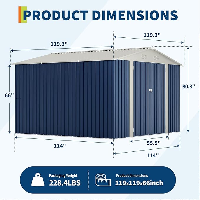 10 X 10 FT Outdoor Storage Shed,Metal Garden Sheds&Outdoor Storage, Lockable Gable Roof Garden Tool Shed, All-Weather Resistant Storage Unit for Bikes, Ladders, Patio Supplies & Garden Essentials