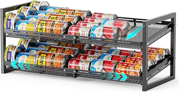 iSPECLE Extendable Can Organizer for Pantry, Adjustable Width Can Storage Organizer for 48 Cans, Heavy Duty Auto Rolling Dispenser Rack, Stackable Metal Shelf Holder for Soup Spices Snacks, Black