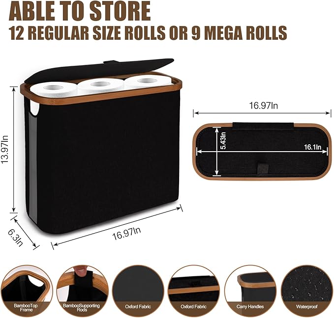 Toilet Paper Storage with Lid and Handle, 12 Roll Toilet Paper Basket Bathroom Standing Organizer, Folding Storage Bag with Foot Base, Slim Holder Container for Rolling Tissue, Towel- Black