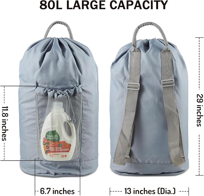 Seiritex Backpack Laundry Bag, Large Laundry Backpack with Detergent Holder and Adjustable Shoulder Straps for College Travel Dorm Room (Gray)