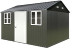 VanAcc 10 x 12FT Outdoor Storage Shed with a Lockable Hinged Door and 2 Windows, Nordic Cottage Metal Shed for Backyard, Garden, Patio, Dark Grey/White
