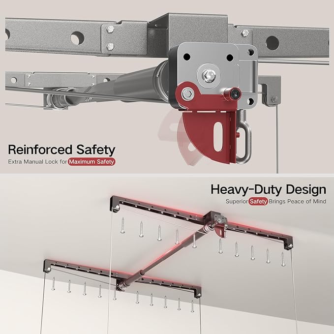 Overhead Garage Storage Rack for 12–14 FT Ceiling, Heavy-duty 4x4 FT Ceiling Storage Racks with Safety Lock, Ideal for Garage Storage Mounted Lift System and Storage Organizer, 250lbs Capacity