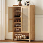 Narrow Shoe Cabinet with 2 Doors, 6-Tier Rattan Tall Shoe Storage Cabinet with 2 Adjustable Shelves & Wooden Legs, 46.3"H Slim Shoes Rack Organizer Cabinet for Entryway, Hallway, Natural Oak