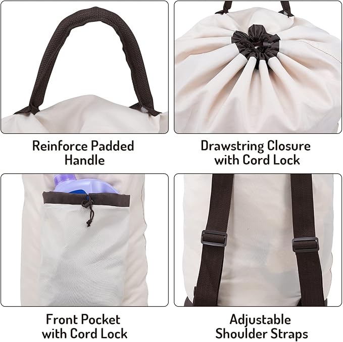 Seiritex Laundry Bag Backpack with Shoulder Straps and Detergent Holder Clothes, Travel Laundry Backpack Bag Hamper for College Dorm Room (Khaki w Brown)