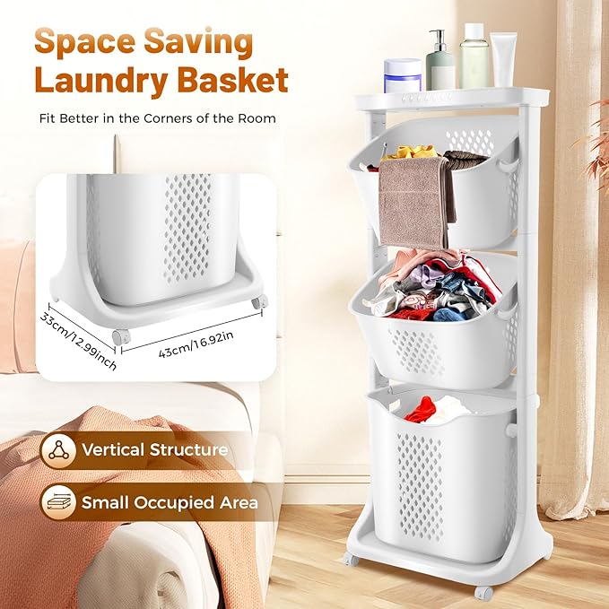 Laundry Basket Holder, 3-Tier Laundry Hamper Sorter with Wheels, Rolling Laundry Hamper Cart for Kitchens, Bathrooms, Bedrooms
