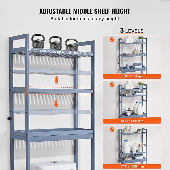 VEVOR Over The Toilet Storage, 3-Tier Adjustable Over Toilet Bathroom Organizer, Bamboo Storage Shelf Rack with 3 Hooks, Freestanding Easy Assembly Laundry Space Saver, Fit Most Toilets, White