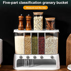 ETOYA Dry Food Dispenser, Wall mounted 5 Grid Cereal Dispenser,Rice dispenser 25 pounds Kitchen Storage with Measuring Cup for Kitchen, Pantry, Restaurant & Bulk Food