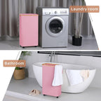 Slim Laundry Basket with Wheels,Narrow Hampers for Laundry,Freestanding Laundry Hamper with Lid&Bamboo Handles,Collapsible & Waterproof Tall Cloth Hamper for Dorm Family(60L Pink)
