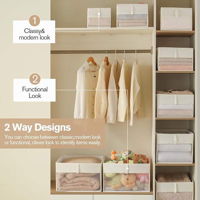 Lifespace Storage Wardrobe Organizer, Large 6-Compartment Foldable Drawer System with Handles, Beige Fabric Storage Box for Clothes, Blankets, Toys, 2-Pack (3, Cream, 20.5”X13“X9”)