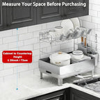Ewaiira Dish Drying Rack, 2 Tier Large Dish Rack, Stainless Steel Dish Drainer for Kitchen Counter, Dishes Rack with Automatic Drainage, Utensil Holder&Cups Holder,Space Saving Kitchen Organizer,Gray