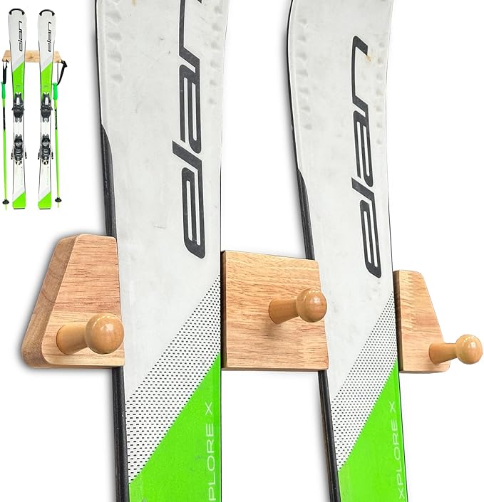 Tuiiopoli Ski Rack with 3 Wood Hook - Minimalist Oakwood Style Snowboard Wall Mount Storage Damage-Free Modern Floating Display Hanger for Home Garage Longboard Holder Vertical
