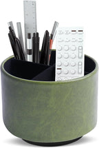 Hennaja Round Leather Art Supply Organizer,Remote Control Holder,360 Degree Spinning,Multi-Functional Pencil Holder,4 Compartments Desktop Stationary Organizer(1-Oil Bamboo)