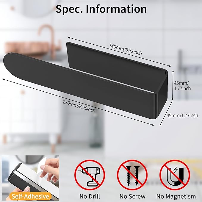 Adhesive Towel Holder, Self Adhesive Hand Towel Racks for Bathroom Wall Mounted, 8 Inch Square Hand Towel Bar Stick on Wall for Kitchen Cabinet RV, Black