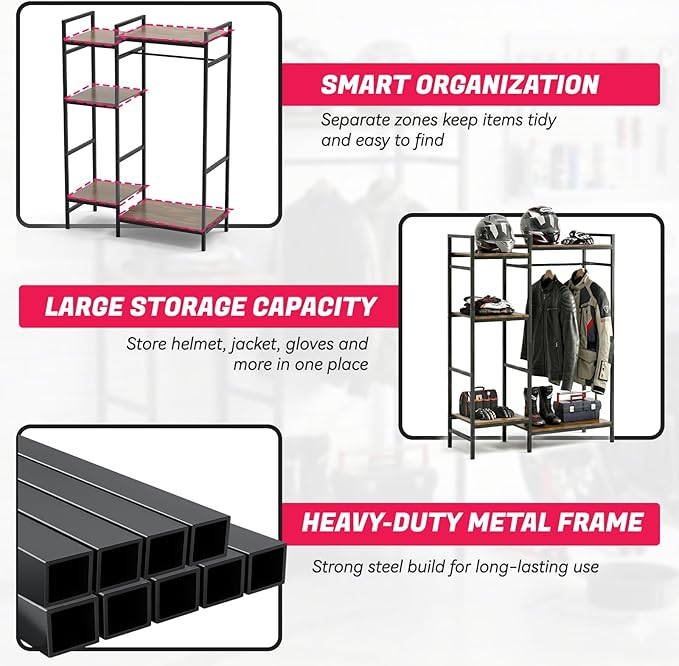 TONGMO Motorcycle Gear Rack, Heavy Duty Helmet Stand, Large Motorcycle Gear Storage Rack for Helmet, Jacket, Boots & Riding Accessories