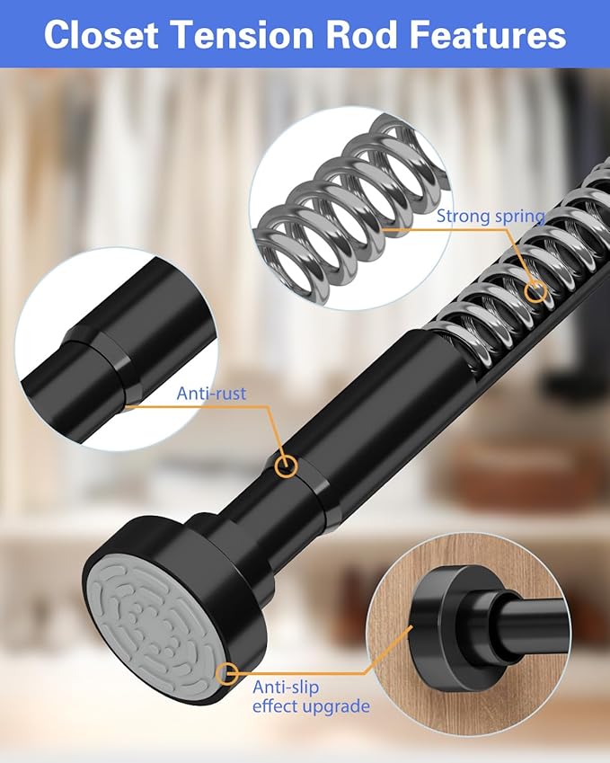 No Drilling Closet Rods for Hanging Clothes, Non Slip Tension Rod with Heavy Duty Clothes Hanging Rod, 17-99 Inches Adjustable Spring Closet Rod for Closet Wardrobe Bathroom Laundry RV, Black