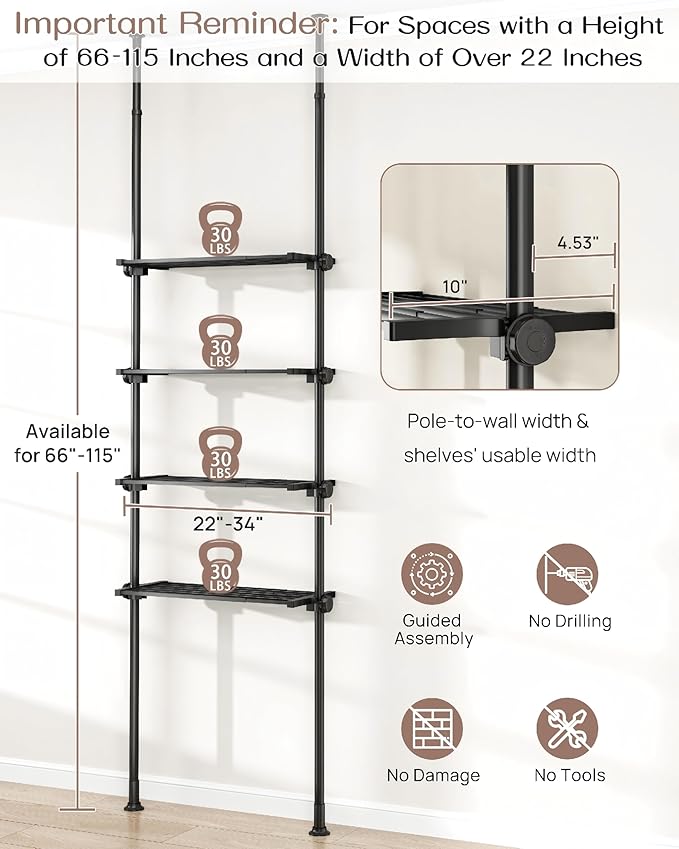 ALLZONE Over The Toilet Storage Cabinet, 4-Tier Adjustable Bathroom Shelves, 22-34 Inch Wide, Tension Mounted Organizer, Space-Saver Narrow Shelf, Fits 66-115 Inch Heights, Black