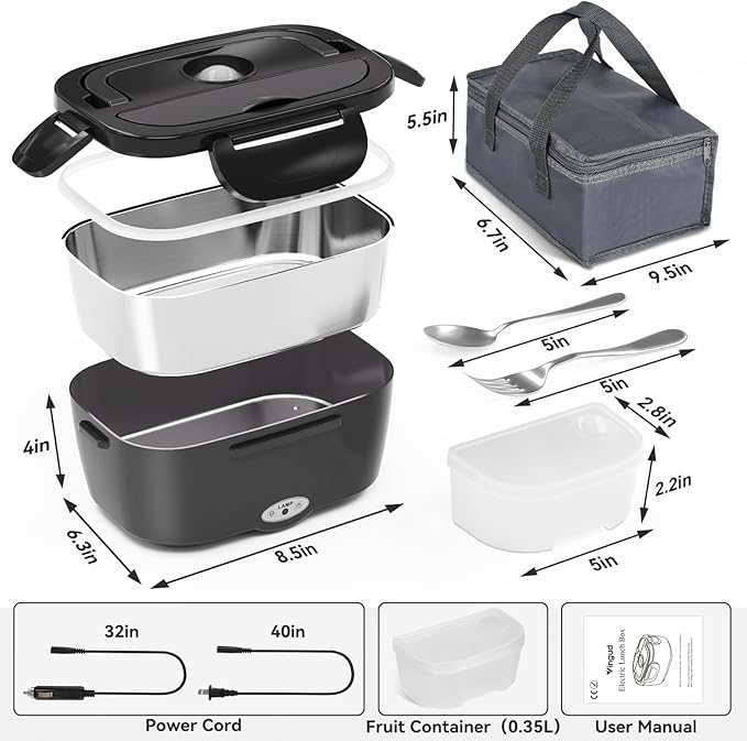 Vingud Electric Lunch Box for Adults, Heated Lunch Box Food Warmer, 80W Portable Heating Lunchbox for Men/Car/Truck with 1.5L Stainless Steel Container, 12V/24V/110V Lonchera Eléctrica Portátil Gift
