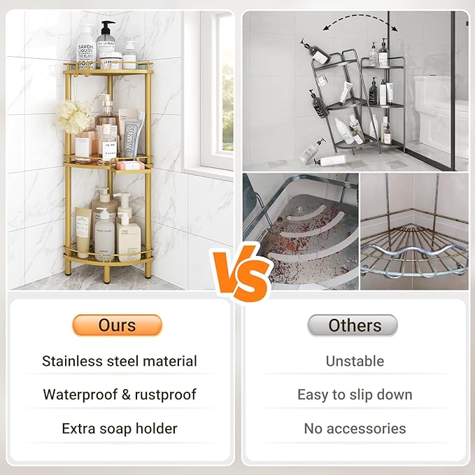ELYKEN Corner Shower Caddy Standing, 3 Tier Rustproof Metal Shower Organizer with Soap Holder, Floor Shower Corner Shelf Rack Storage Stands with Adjustable Feet & 2 Hooks for Bathroom, Gold