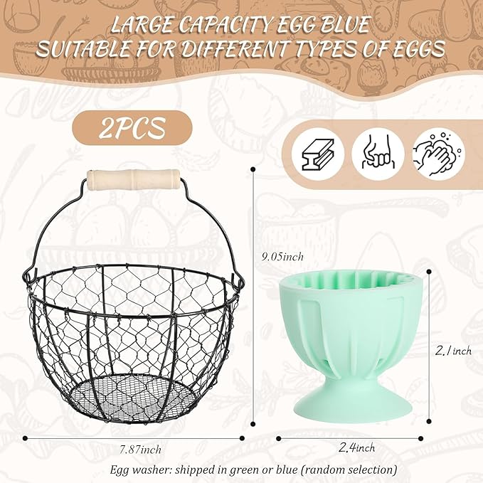 2 Pcs Egg Basket With Handle,Wire Egg Basket for Gathering Fresh Eggs, Round Egg Collecting Basket for Farm,Vintage Style Chicken and Duck Eggs Basket Egg Countertop Storage Container Holder ﻿