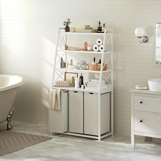 Laundry Basket, 3 Section Laundry Hamper with 4 Tiers Shelf, Pull-Out and Removable Laundry Bags, Large 3 x 15.87 Gallons, for Laundry Room Bathroom White PF05XLW