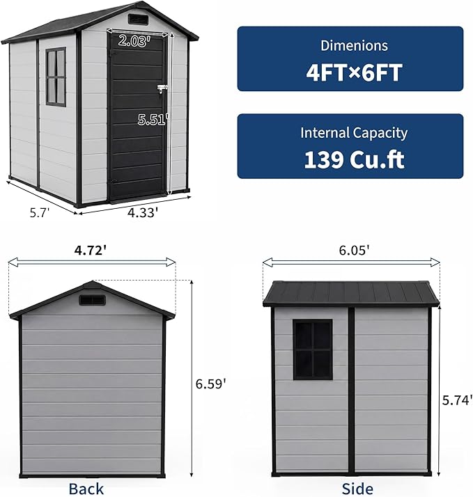 Outdoor Storage Shed with Floor, Plastic Resin Garden Shed with Window & Sloping Roof & Lockable Door for Patio Backyard Garden, Lawn Mower, Bike, Tool Storage (Grayish White + Black, 4' x 6')