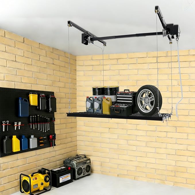 Ceiling Mount Garage Storage Rack 48x48 Inch, 300lbs Capacity Overhead Lifting Storage Rack with Adjustable Height up to 79 Inch, Heavy Duty Carbon Steel for Garage Warehouse Tool Storage, Matte Black