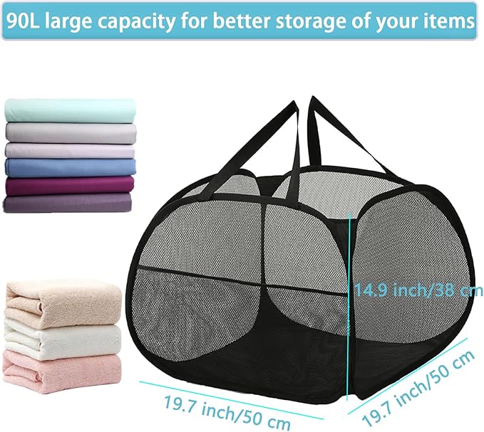 Kimmama Collapsible Mesh Laundry Basket,Foldable Pop Up Laundry Hamper with Side Pocket,Removable Clothes Storage Bin with Handle for Laundry Room,College Drom,Bathroom,Kid Room,Travel,95L,Black