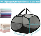 Kimmama Collapsible Mesh Laundry Basket,Foldable Pop Up Laundry Hamper with Side Pocket,Removable Clothes Storage Bin with Handle for Laundry Room,College Drom,Bathroom,Kid Room,Travel,95L,Black