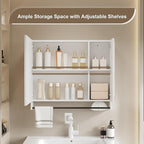 ChooChoo Bathroom Medicine Cabinet with Mirror, Modern Mirror Cabinet with LED Lights, Bathroom Wall Cabinet with Adjustable Shleves, Towel Bar, White