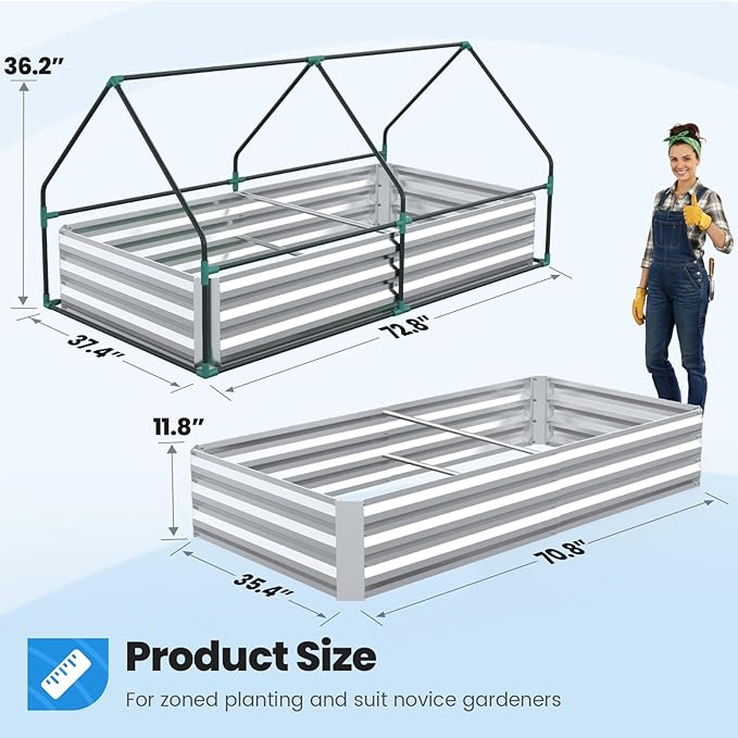 Quictent 6x3x1ft Galvanized Raised Garden Bed with Cover Metal Planter Bottomless Box w/ 2 Large Screen Windows Mini Greenhouse 20pcs T-Tags 1 Pair Gloves Outdoor Growing Vegetables (Green)