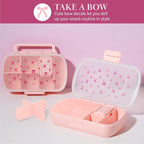 Paris Hilton 2-Pack Bento Style Snack Boxes, 7-Compartment Lunch Containers with Built-In Phone Stand, Removable Dividers and Dip Containers, Pink Bow Print