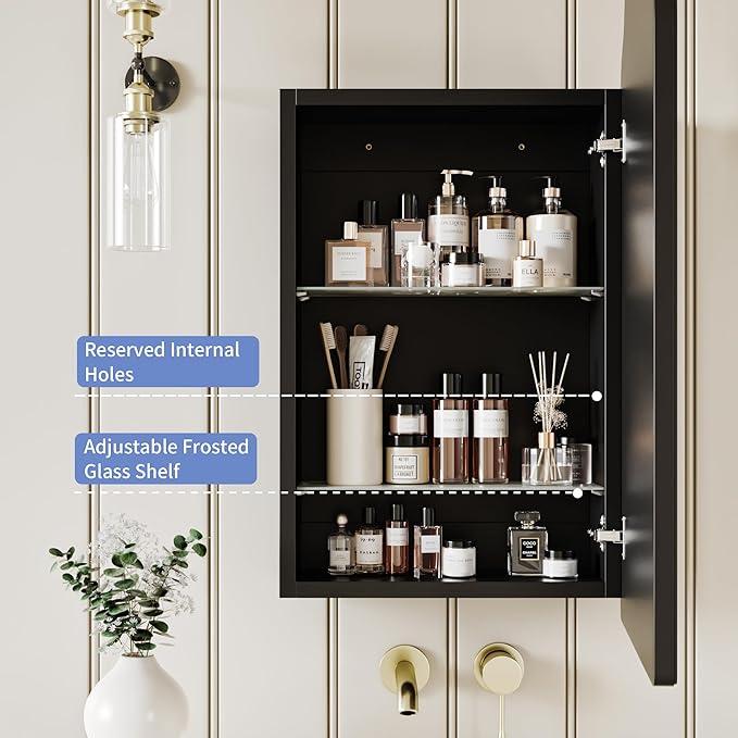Victorian-Style Recessed Bathroom Medicine Cabinet, Wood Wall Cabinet with Curved Mirror, Bathroom Storage Cabinet, Black, 16.5x24 Inch