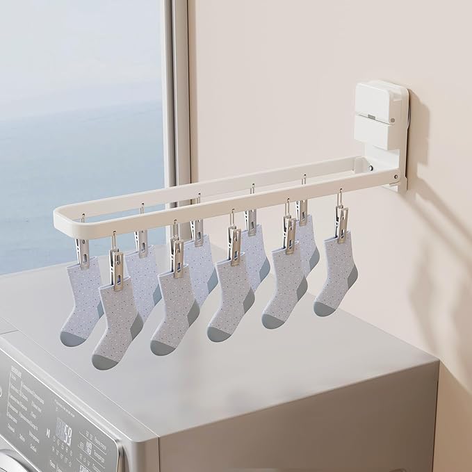 1 Pack Wall Mounted Suction Cup Clothes Drying Rack with 10 Clips, Portable & Collapsible Sock Hanger for Drying Socks, Bras, Underwear, Baby Clothes, Towels
