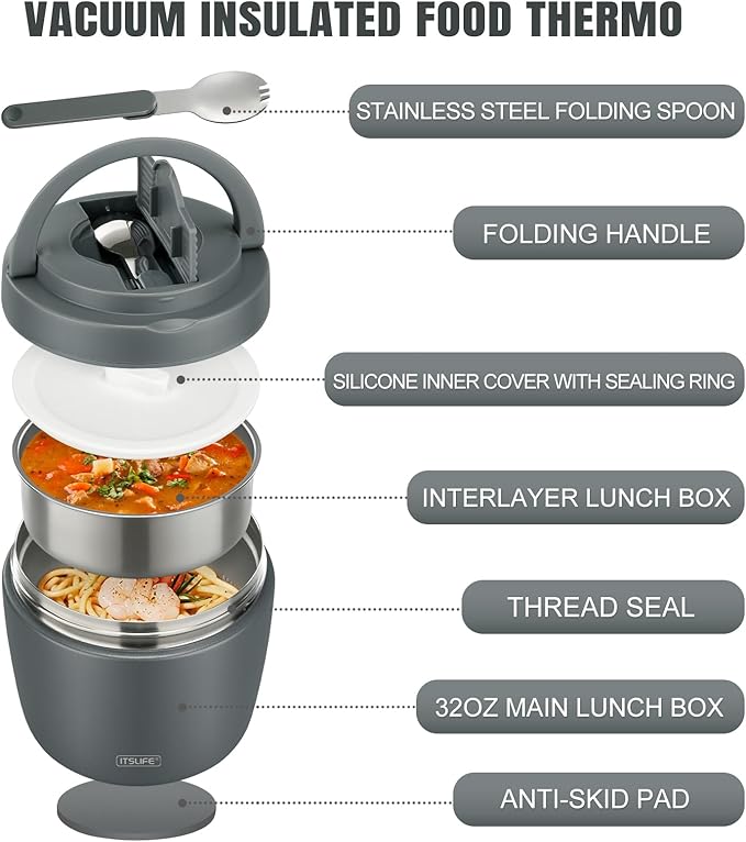 Itslife 32oz Insulated Soup Thermos, Vacuum Stainless Steel Food Jar for Hot & Cold Food, Leakproof Wide Mouth Lunch Container with Spoon, Grey
