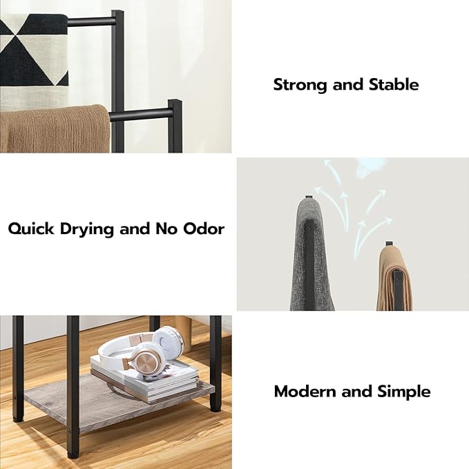 HOOBRO Freestanding Towel Rack, 2 Tier Blanket Ladder Holder for Bathroom, 16.5" L x 9.4" W x 31.5" H, Blanket Rack, Industrial Drying and Display Rack with Shelf, Metal, Greige and Black BG02LB01