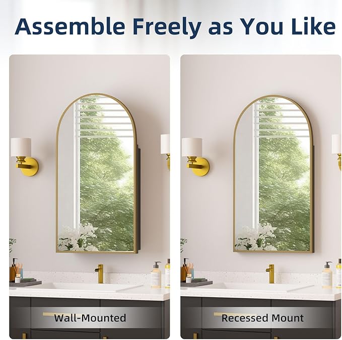 Medicine Cabinets for Bathroom, Brush Gold Arched Medicine Cabinet Recessed or Surface Wall-Mounted,Modern Bathroom Vanity Mirror with Storage, Mirrored Cabinet with Adjustable Shelves,16x31 Inch