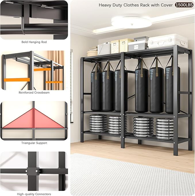 Heavy Duty Portable Closet with Cover Magnetic Doors, Metal Rolling Clothes Rack Heavy Duty 1500LBS, Foldable Clothing Rack, Garment Racks for Bedroom/LivingRoom/Rental (KT Grey, 59.05in)