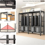 Heavy Duty Portable Closet with Cover Magnetic Doors, Metal Rolling Clothes Rack Heavy Duty 1500LBS, Foldable Clothing Rack, Garment Racks for Bedroom/ LivingRoom/ Rental (KT-WoodgrainBlack, 70.86in)